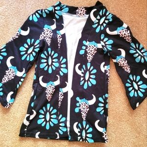 Western Cowgirl Turquoise Leopard Bull Bell Sleeved Cardigan - Boutique 2/3T